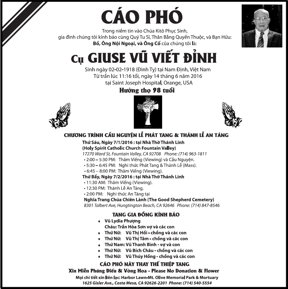 Obituary - Program Giuse Dinh Viet Vu